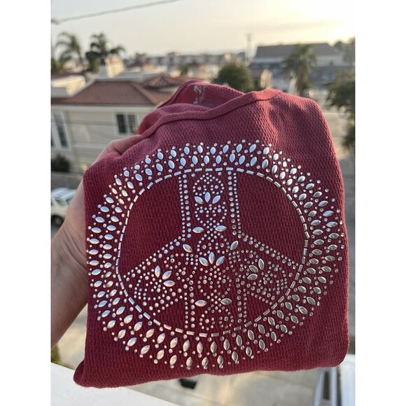 Y2K Lucky Tees maroon thermal silver beaded peace yoga graphic S festival - Picture 2 of 9